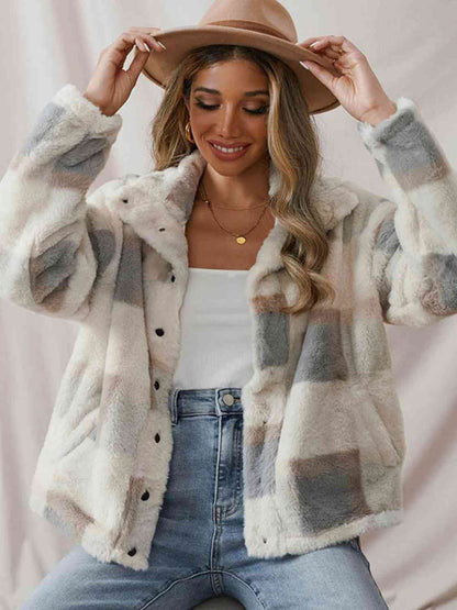 Collared Button Up Plaid Coat