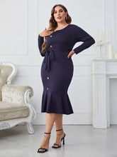 Load image into Gallery viewer, Plus Size Buttoned Round Neck Tie Belt Midi Dress

