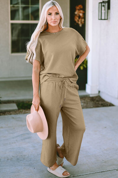 Double Take Texture Short Sleeve Top and Pants Set