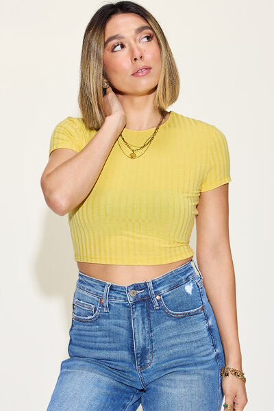 Basic Bae Ribbed Round Neck Short Sleeve Crop Top