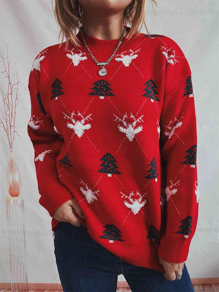 Christmas Tree & Reindeer Round Neck Sweater