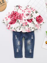 Load image into Gallery viewer, Printed Round Neck Long Sleeve Blouse and Distressed Jeans Set
