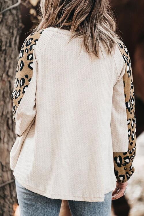 Plus Size Leopard V-Neck Raglan Sleeve Blouse