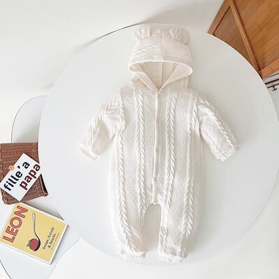 Cable-Knit Long Sleeve Hooded Snapped Jumpsuit
