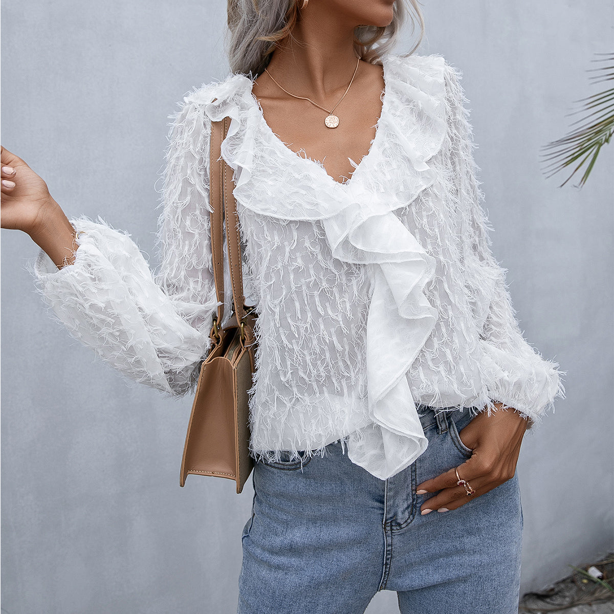 Double Take Ruffle Hem Fringe V-Neck Balloon Sleeve Blouse