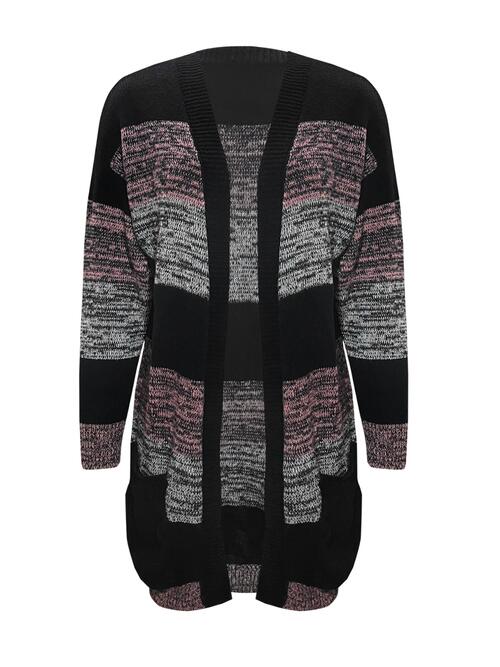 Striped Open Front Long Sleeve Cardigan with Pockets