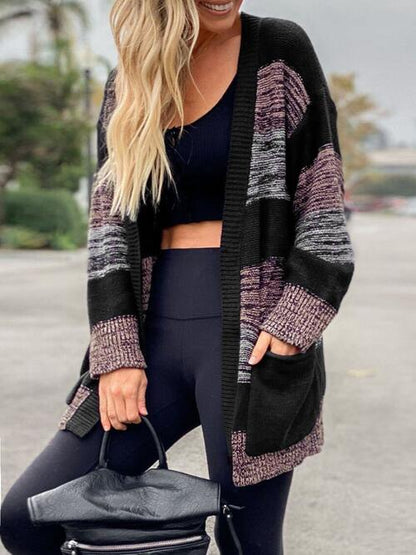 Striped Open Front Long Sleeve Cardigan with Pockets