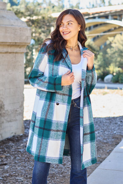 Double Take Plaid Button Up Lapel Collar Coat