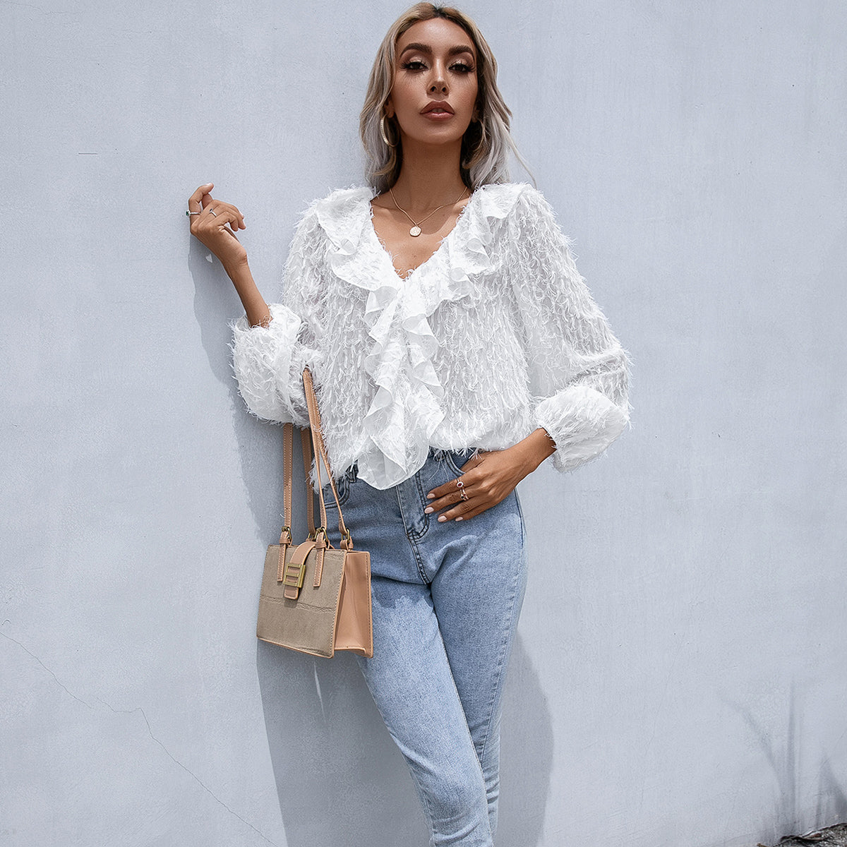 Double Take Ruffle Hem Fringe V-Neck Balloon Sleeve Blouse