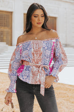 Load image into Gallery viewer, Printed Off-Shoulder Flounce Sleeve Belted Blouse
