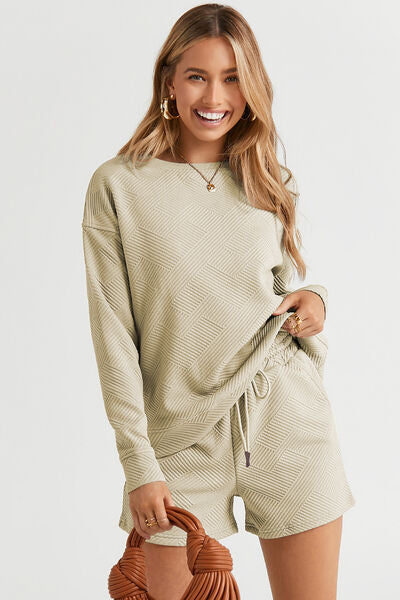 Double Take Texture Long Sleeve Top and Drawstring Shorts Set