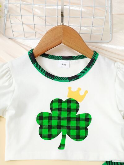 Lucky Clover Round Neck Top and Plaid Pants Set