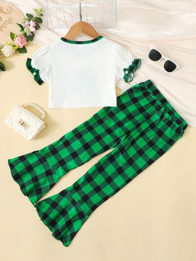 Lucky Clover Round Neck Top and Plaid Pants Set