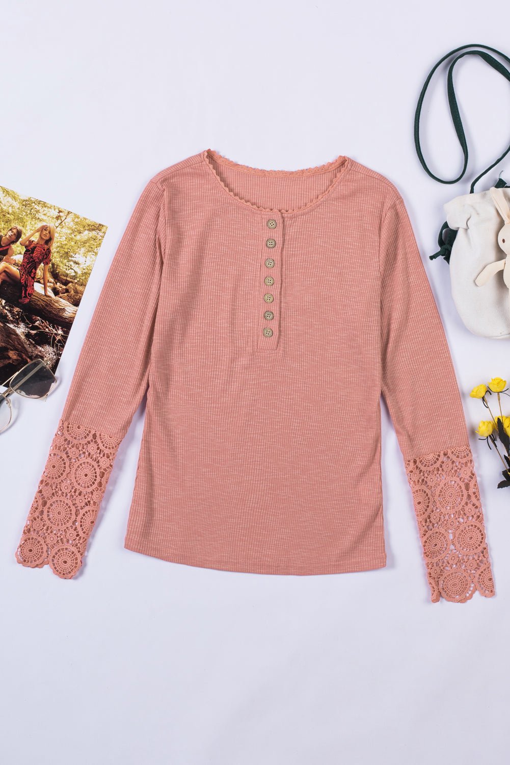 Crochet Lace Hem Sleeve Button Top - WESTERN STYLIN'