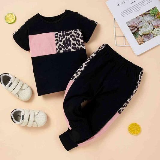 Leopard Color Block Top and Joggers Set - Two Piece Set