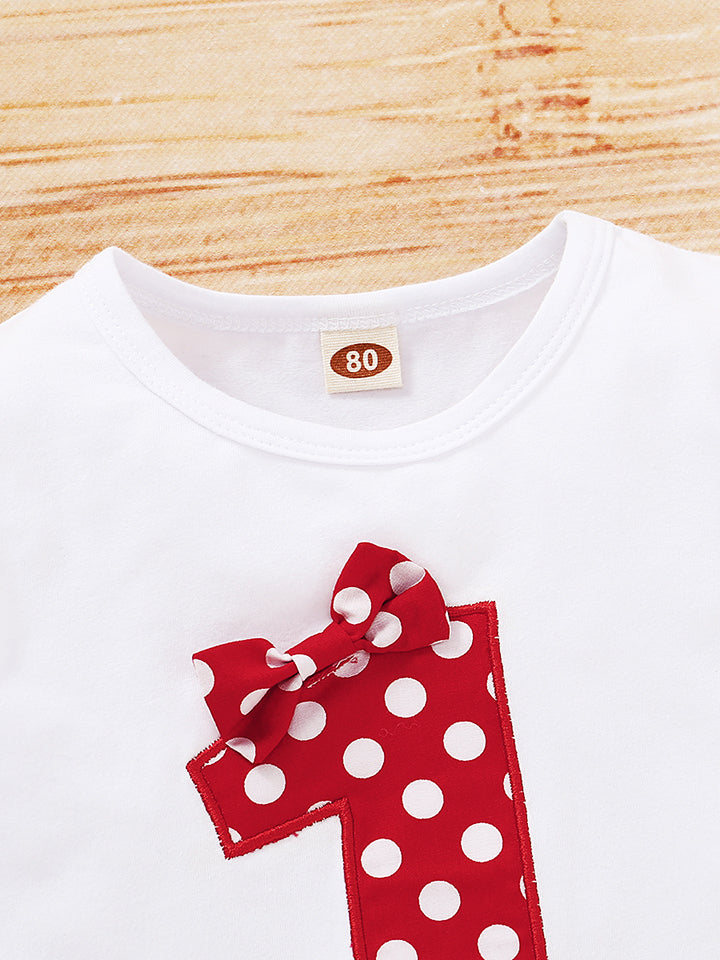 Round Neck Number One T-shirt and Polka Dot Pants Set