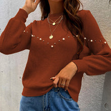 Load image into Gallery viewer, Bead Detail Round Neck Long Sleeve Ribbed Sweater
