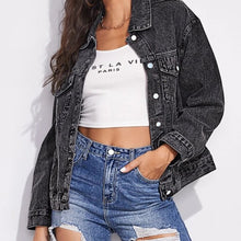 Load image into Gallery viewer, Collared Neck Dropped Shoulder Button-Down Denim Jacket
