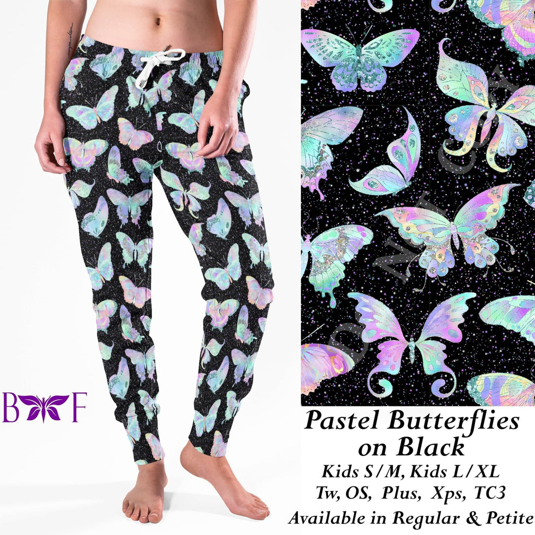 Pastel Butterflies on Black- Leggings, Capri, and Loungers