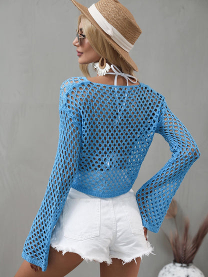 Openwork Flare Sleeve Cropped Cover Up - WESTERN STYLIN'