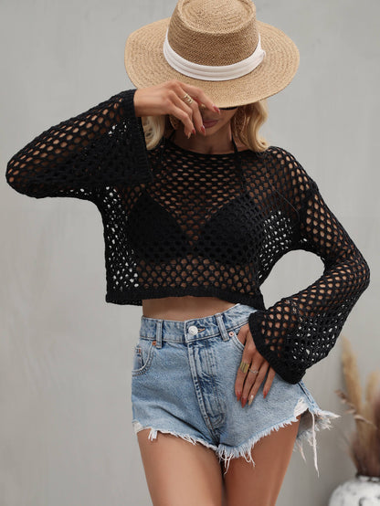 Openwork Flare Sleeve Cropped Cover Up - WESTERN STYLIN'