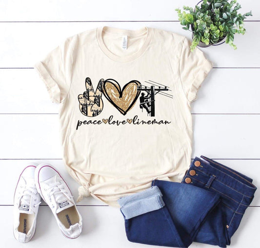 PEACE LOVE LINEMAN CUSTOM GRAPHIC TOP - WESTERN STYLIN'