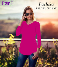 Load image into Gallery viewer, Fuschia v-neckline and rounded bottom!
