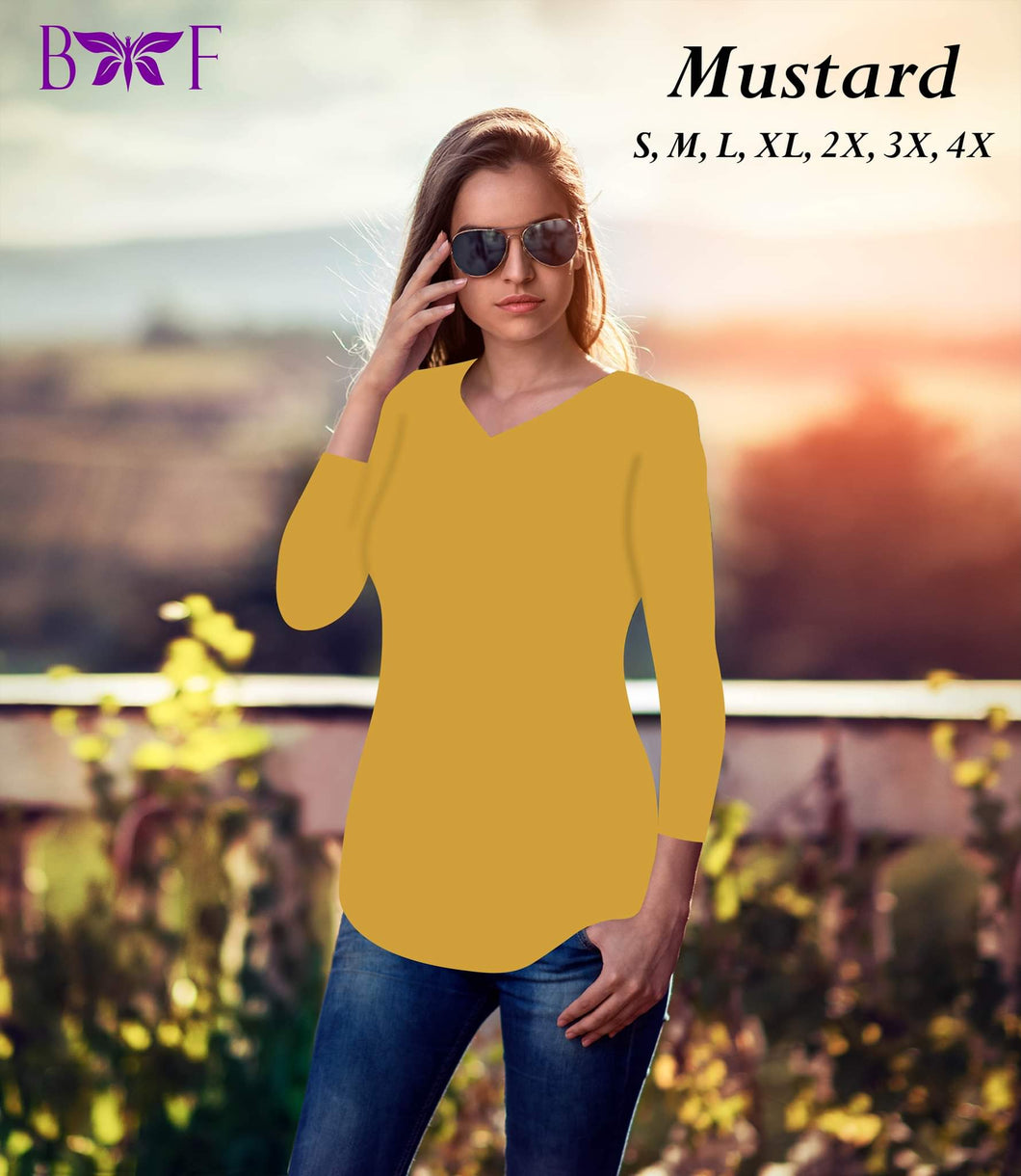 Mustard v-neckline and rounded bottom!
