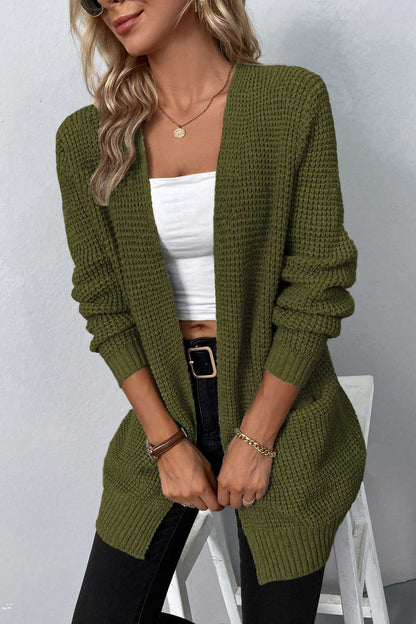 Rib-Knit Open Front Pocketed Cardigan - WESTERN STYLIN'