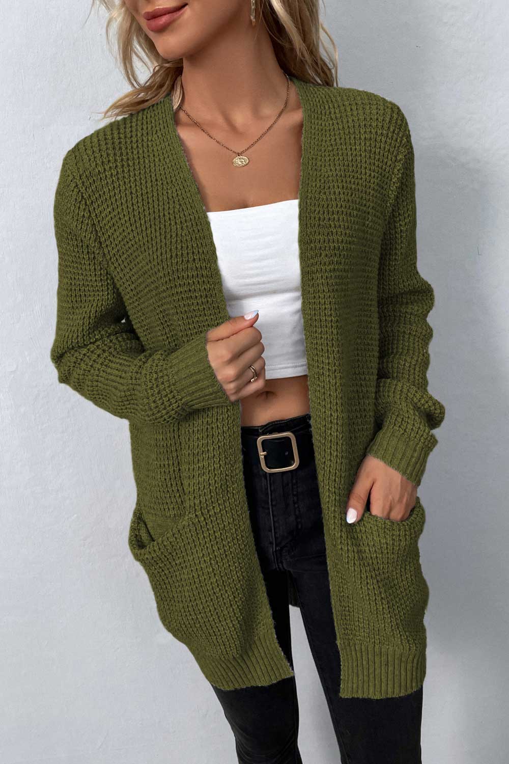 Rib-Knit Open Front Pocketed Cardigan - WESTERN STYLIN'